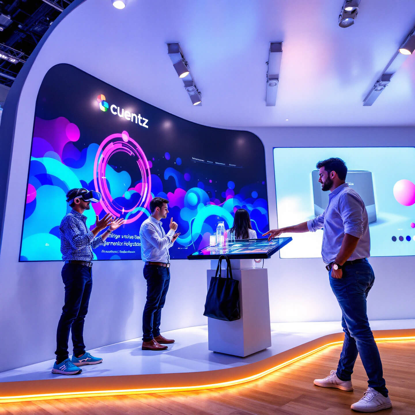 a modern trade show booth design featuring interactive digital displays and experiential marketing elements