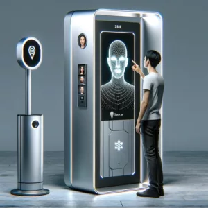 Los invitados pueden tomar fotos sin interacción física, destacando un diseño moderno y minimalista. La escena muestra a un invitado experimentando la facilidad de uso, con una pantalla indicando el proceso de reconocimiento facial en acción.