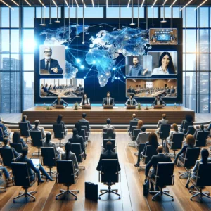 Esta imagen muestra una conferencia virtual con participantes de todo el mundo, destacando el alcance global y la inclusividad de los eventos virtuales. La escena transmite una sensación de conexión y colaboración a pesar de las distancias geográficas.