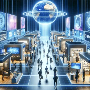  Ilustra un piso de exposición virtual con stands interactivos, donde los asistentes navegan a través de un ambiente 3D utilizando avatares. Cada stand muestra diferentes marcas y productos, ofreciendo una experiencia de compra futurista e inmersiva.
