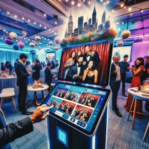 Esta imagen muestra una cabina de fotos avanzada con tecnología de realidad aumentada, donde los invitados pueden seleccionar fondos digitales y añadir accesorios virtuales a sus fotos, utilizando una interfaz táctil para personalizar sus imágenes.