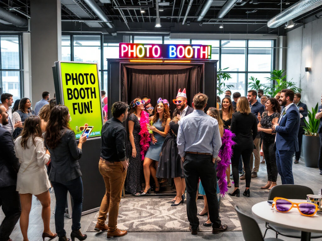 Cabina de fotos estratégicamente ubicada en un evento corporativo animado.