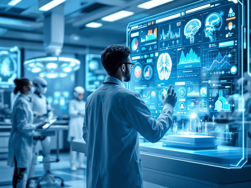 Médico utilizando inteligencia artificial en un hospital futurista, analizando diagnósticos en una pantalla holográfica con datos médicos, escaneos cerebrales y modelos 3D de órganos. IA en la salud, diagnóstico médico avanzado, tecnología en medicina.