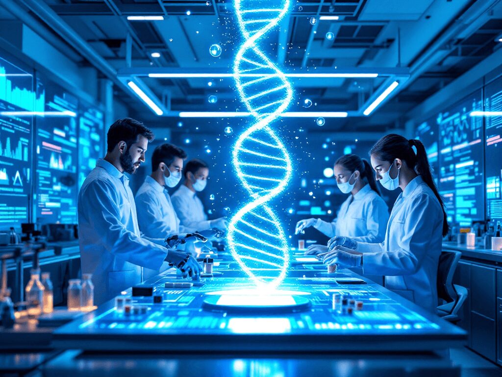 Laboratorio de investigación médica con inteligencia artificial, científicos analizando datos genéticos en pantallas interactivas, IA prediciendo terapias personalizadas, holograma de ADN y brazos robóticos asistiendo en biotecnología. IA en medicina personalizada, avances en salud digital.