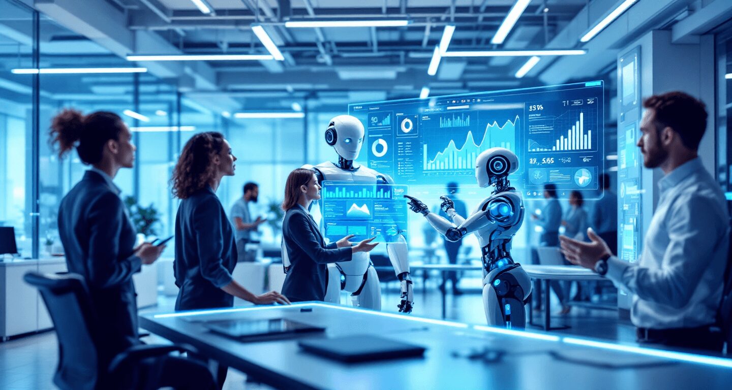 Oficina moderna con inteligencia artificial, empleados usando herramientas de análisis de datos, robots asistiendo en tareas repetitivas y capacitación en IA. IA en la economía, automatización en el trabajo.