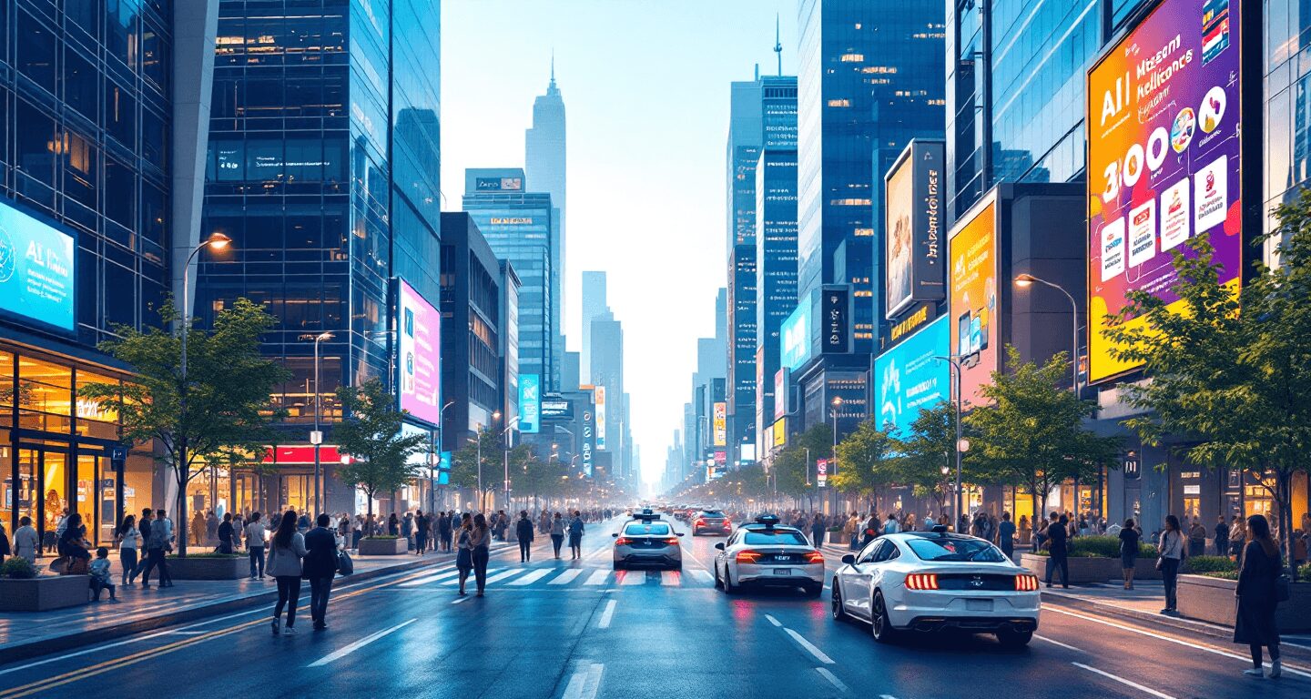 Ciudad futurista con inteligencia artificial, autos autónomos en las calles, asistentes virtuales ayudando a personas y tecnología optimizando la infraestructura urbana. IA en la sociedad, automatización en la vida cotidiana.